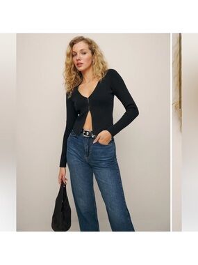 Reformation Black Ribbed Long-Sleeve Cropped Cardigan